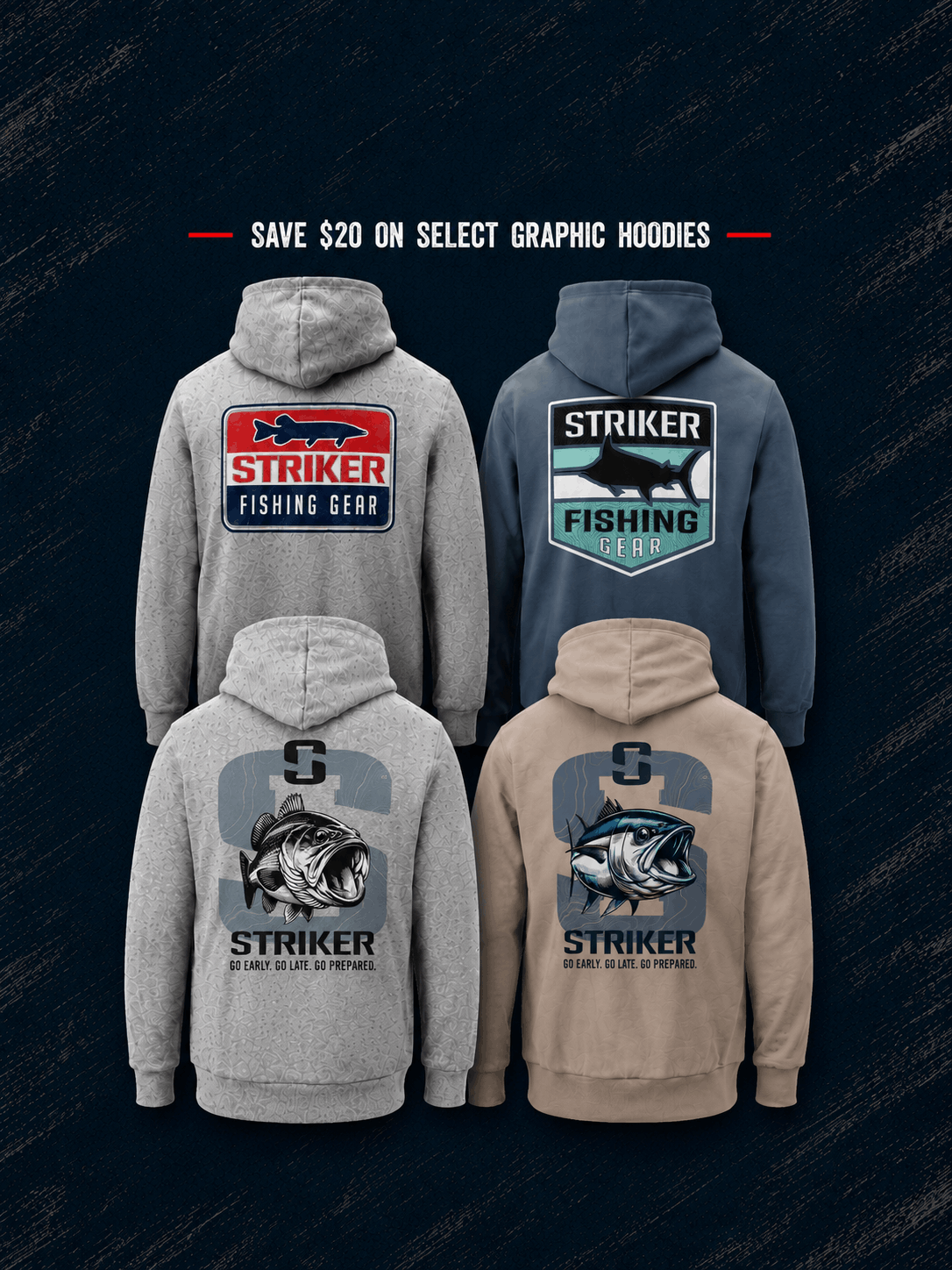 Four graphic hoodies shown from the back in different colors: heather gray, slate blue, light heather gray, and tan. Each hoodie features a large fish-themed graphic with the text 'STRIKER FISHING GEAR' or 'STRIKER GREAT CAPE HOODIES'.
