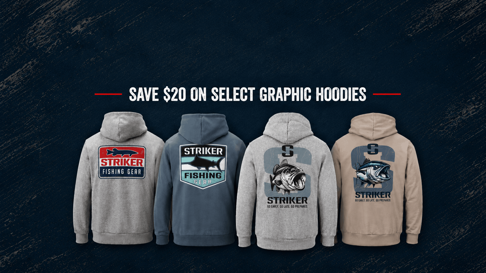 Four graphic hoodies in different colors are shown from the back against a dark textured background, with promotional text reading 'SAVE $20 ON SELECT GRAPHIC HOODIES' above them.
