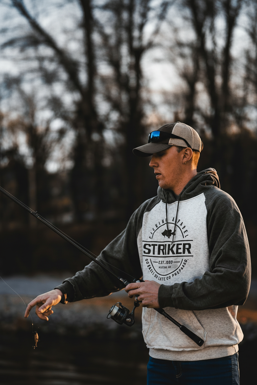 A man wearing a dark gray and off-white pullover hoodie with a 'Striker' logo on the chest, fishing outdoors near a river at sunset. The text 'HOODIES' is displayed on the left side of the image.