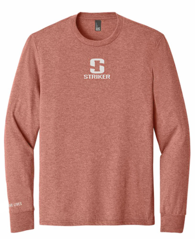 A heathered terracotta long-sleeve t-shirt with a white printed collegiate logo on the chest reading 'S STRIKER' and 'WE SAVE LIVES' on the left sleeve.