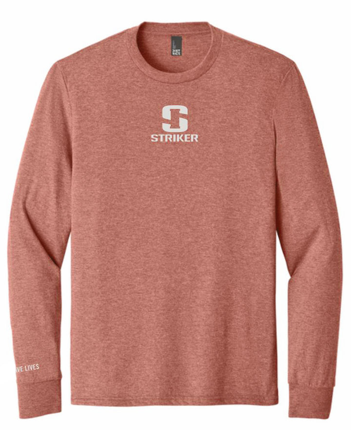 A heathered terracotta long-sleeve t-shirt with a white printed collegiate logo on the chest reading 'S STRIKER' and 'WE SAVE LIVES' on the left sleeve.