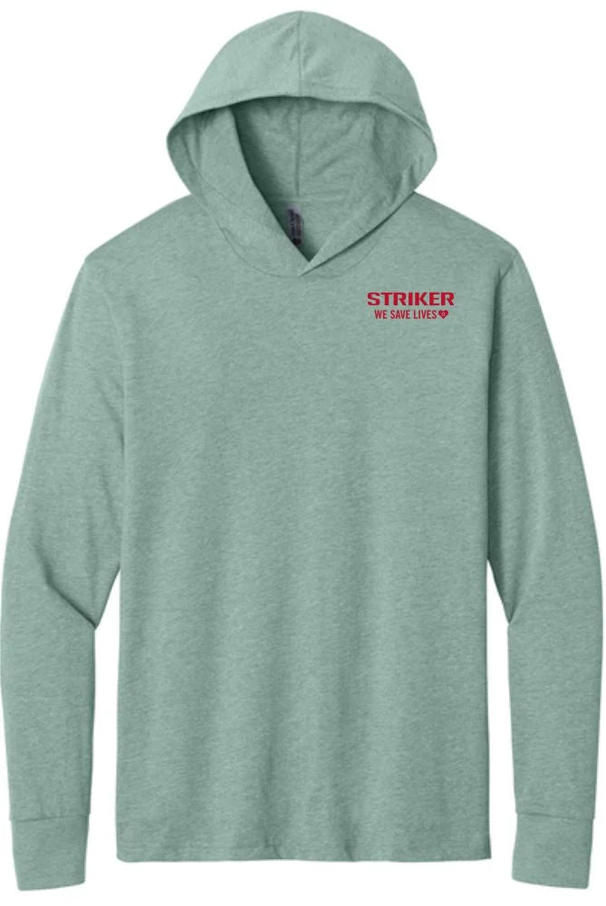 A heathered sage green pullover hoodie with a red printed graphic on the left chest reading 'STRIKER WE SAVE LIVES' with a small heart, shown on a plain white background.