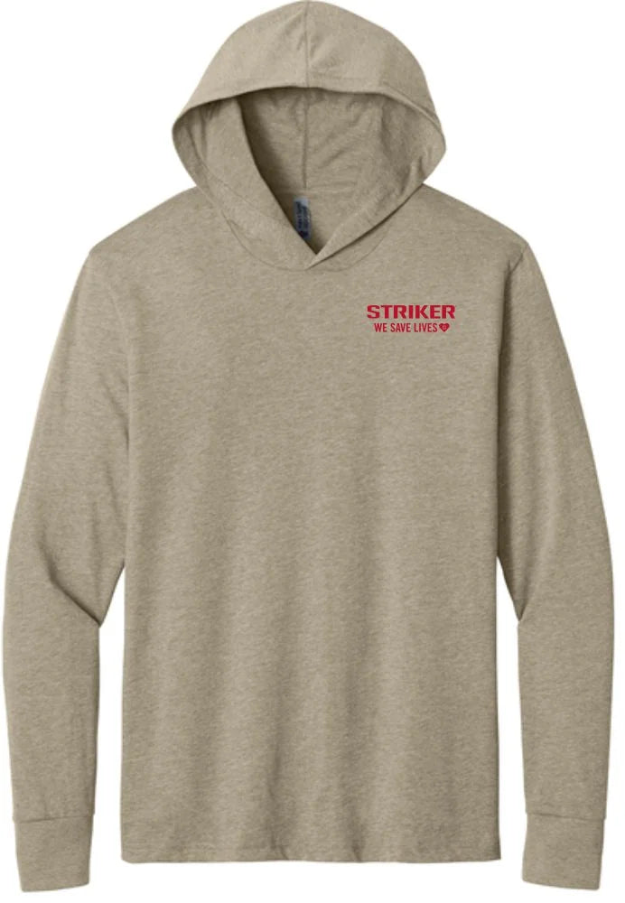 A heathered tan pullover hoodie with a red 'STRIKER WE CAN LIFT' logo printed on the left chest, displayed on a clean white background.