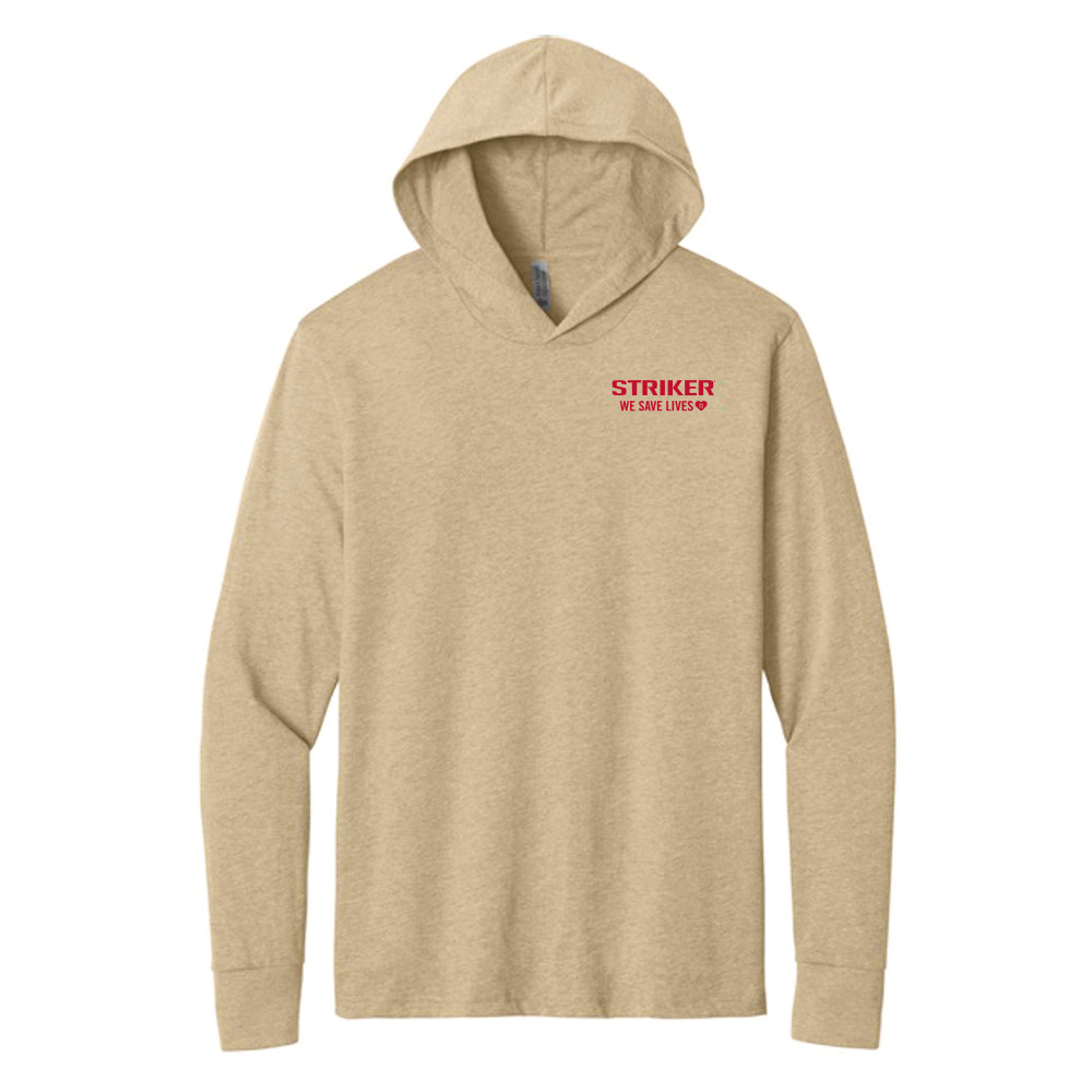 A heather tan long-sleeve hoodie with a red 'STRIKER WE SAVE LIVES' logo printed on the left chest.