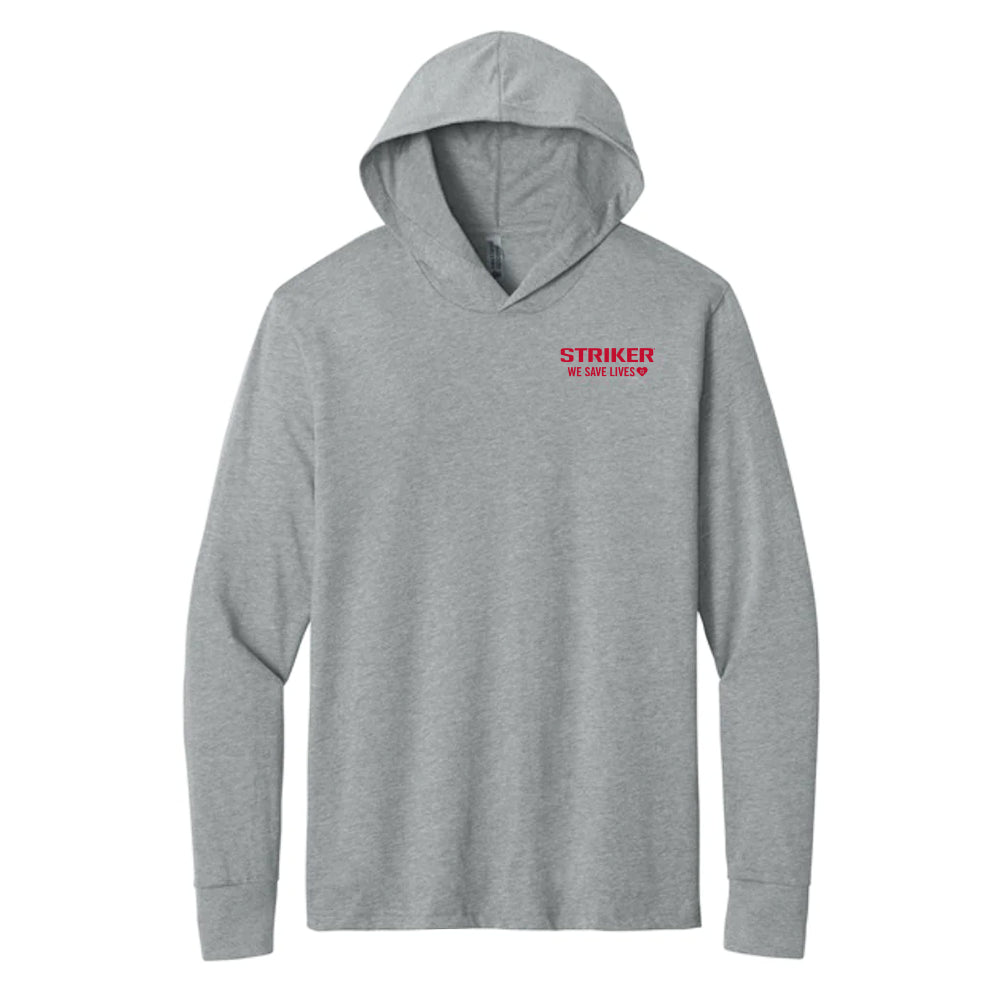 A heather gray pullover hoodie with 'STRIKER' and 'WE SAVE LIVES printed in red on the left chest..