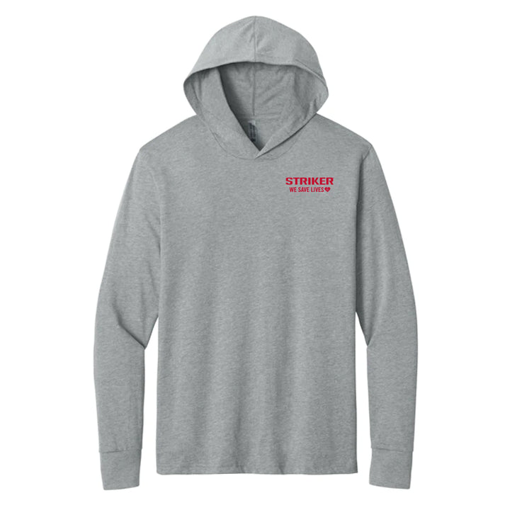 A heather gray pullover hoodie with 'STRIKER' and 'WE SAVE LIVES printed in red on the left chest..