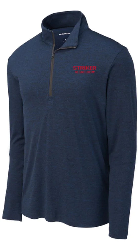 A navy blue heathered quarter-zip pullover sweatshirt with a red embroidered 'STRIKER' logo on the left chest, displayed on a clean white background.