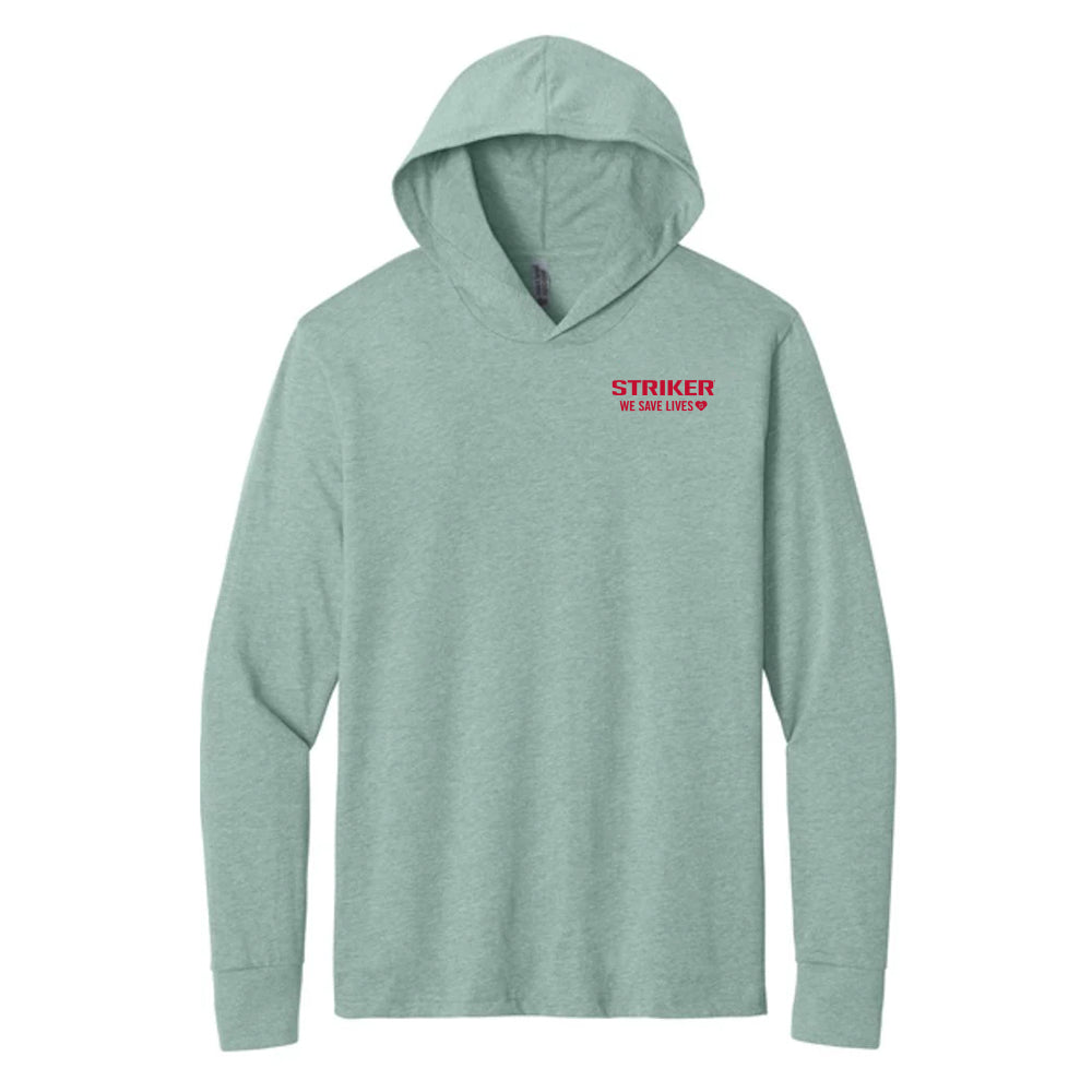 A heather gray pullover hoodie with 'STRIKER' and 'WE SAVE LIVES' printed in red on the left chest.
