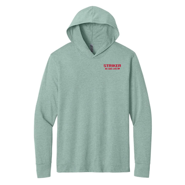 A heather gray pullover hoodie with 'STRIKER' and 'WE SAVE LIVES' printed in red on the left chest.