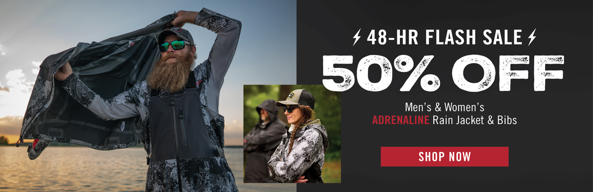 Promotional banner for an Adrenaline rain jacket and bibs, featuring a man outdoors holding up a dark waterproof jacket on the left, a small inset photo of a woman wearing the jacket, and large sale text reading '48-HR FLASH SALE 50% OFF' on a dark background with a red 'SHOP NOW' button.