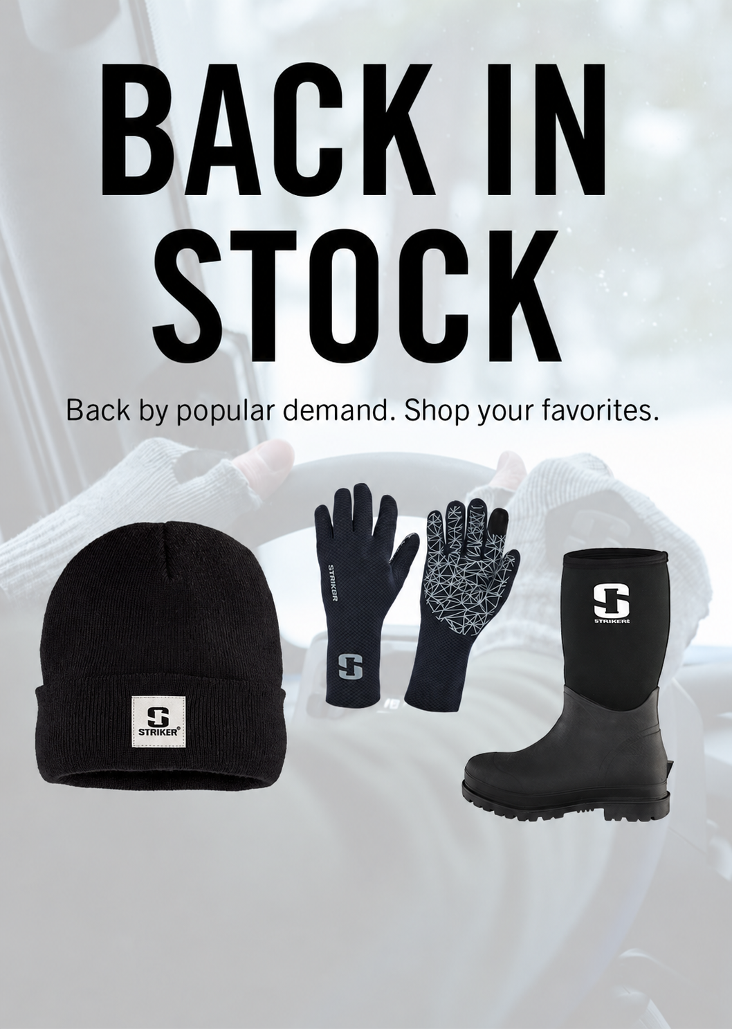 Back in stock promotional graphic showing a black beanie, black gloves, and a black boot from South Mountain Gear against a white snowy background with large black text reading 'BACK IN STOCK'.