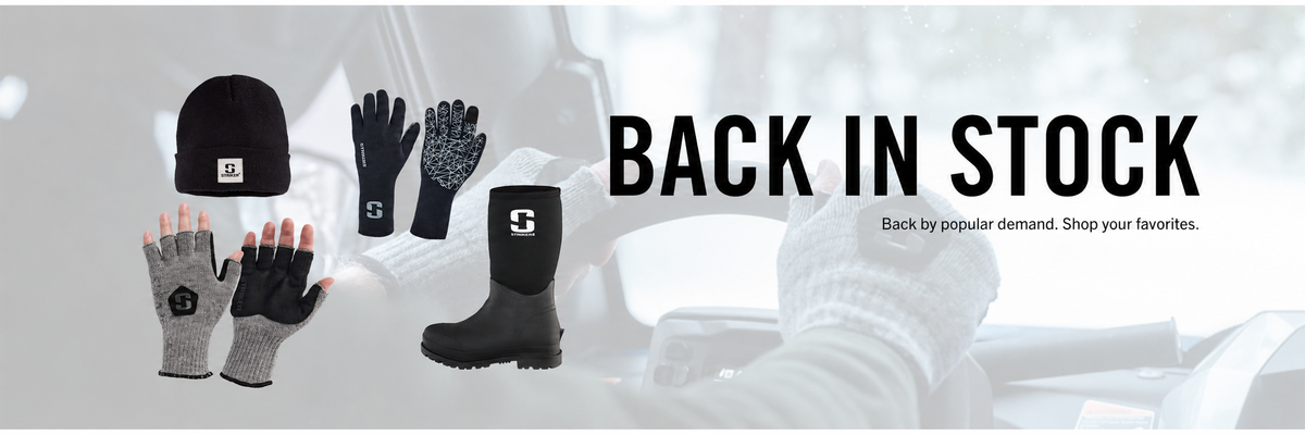 A promotional banner with the text 'BACK IN STOCK' over a blurred background of a person wearing winter clothing. On the left, several winter accessories are shown: a black beanie, black and gray gloves, gray fingerless gloves, and a black rain boot.