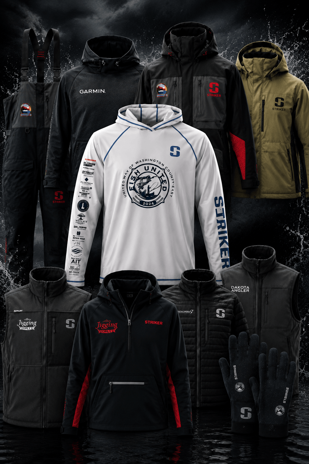 A product collage showing multiple pieces of athletic apparel from Striker Sports, including hoodies, jackets, vests, gloves, and a central white hoodie with a large circular 'Striker United' logo. The garments are displayed against a dark, dramatic background with water splashes.