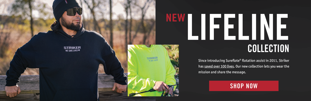 New Lifeline Collection. Man in black sweatshirt that says Striker.  We Save Lives.