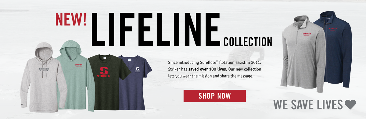 A promotional banner for the Lifeline Collection by Striker, featuring a lineup of their apparel: light gray and mint green hoodies, a dark green t-shirt with a red 'S', navy blue hoodies, and light gray and navy quarter-zip jackets. The banner includes text such as 'NEW! LIFELINE COLLECTION', a red 'SHOP NOW' button, and 'WE SAVE LIVES ♥'.