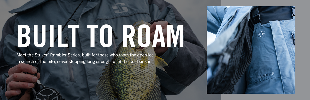 Promotional banner for the StrikeR Rambler Series fishing pants, featuring a model holding a fish in dark gray pants and a close-up of blue striped striped pants with a side utility pocket.