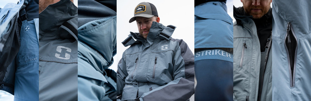 A four-panel close-up collage of a man wearing a gray and blue technical outdoor jacket, showing the collar, chest logo, front zipper, and sleeve details. The jacket has a visible 'S' logo on the chest and 'STRIKER' text on the sleeve.