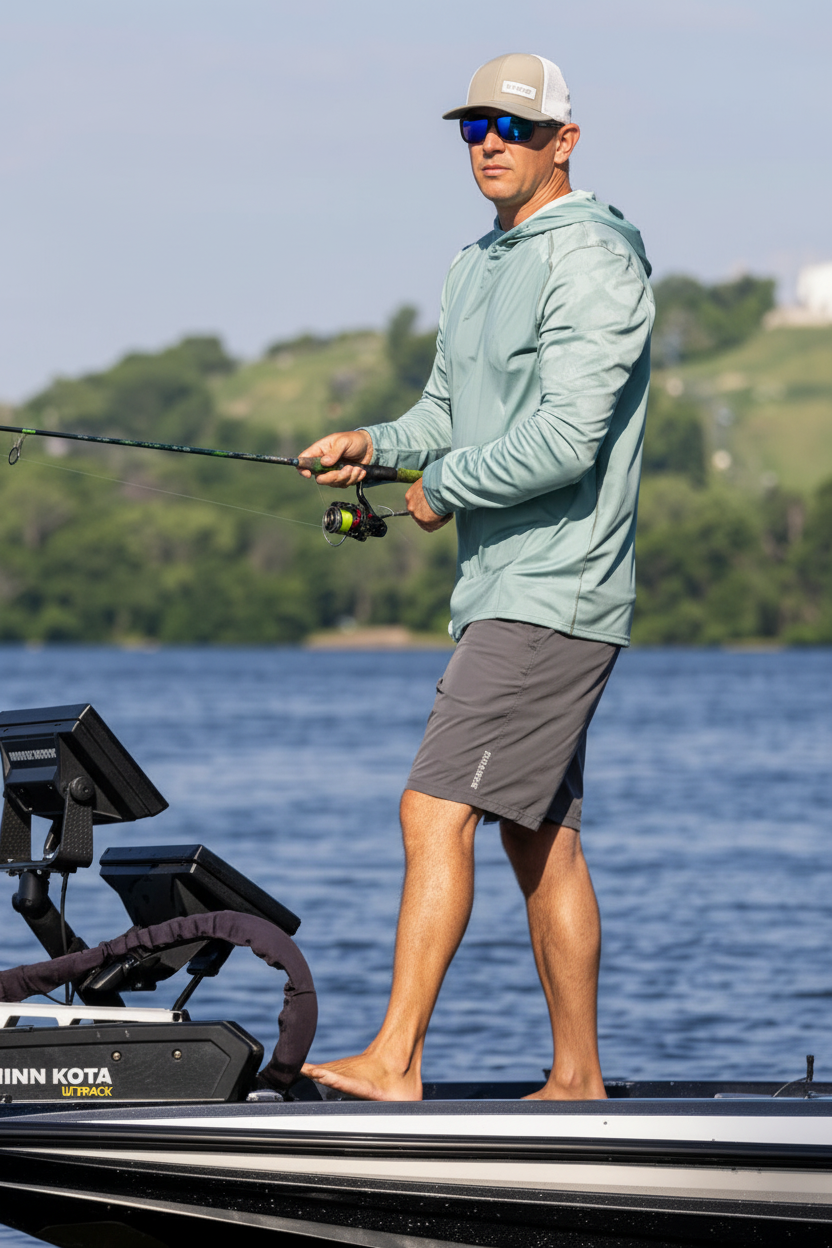 A man stands on the bow of a bass boat on a lake, holding a fishing rod. The boat is branded Bass Pro, and the background shows a scenic lake and tree-lined shore under a clear sky.