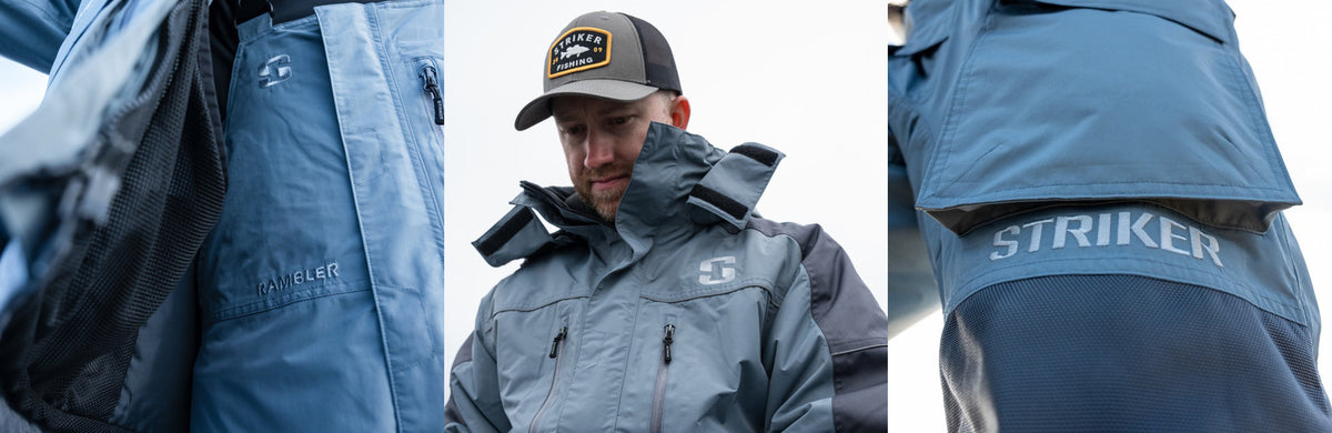 A three-panel collage showing a man wearing a blue and gray waterproof jacket, with close-up views of the jacket's sleeve and back panel featuring the brand name STRIKER.