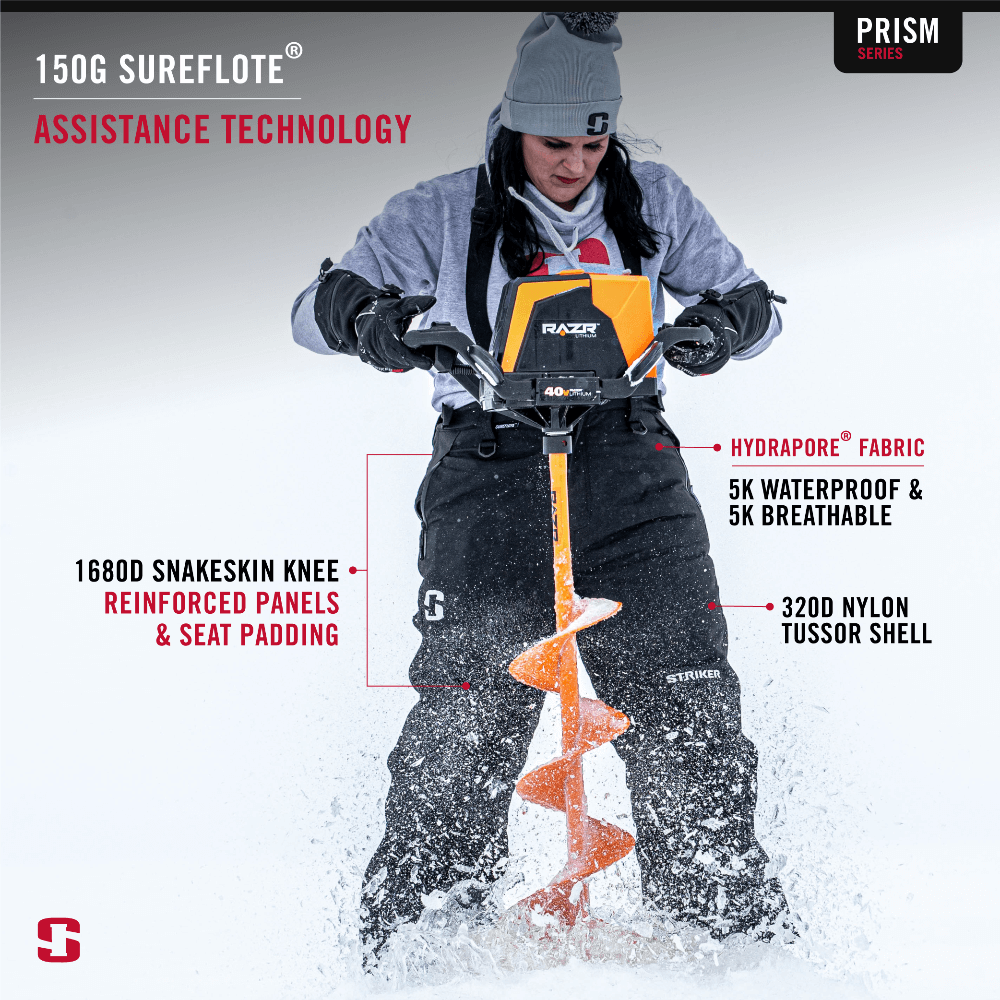 StrikerICE Women's Prism Pant Features Infographic with Lifestyle Image of Woman Ice Fishing