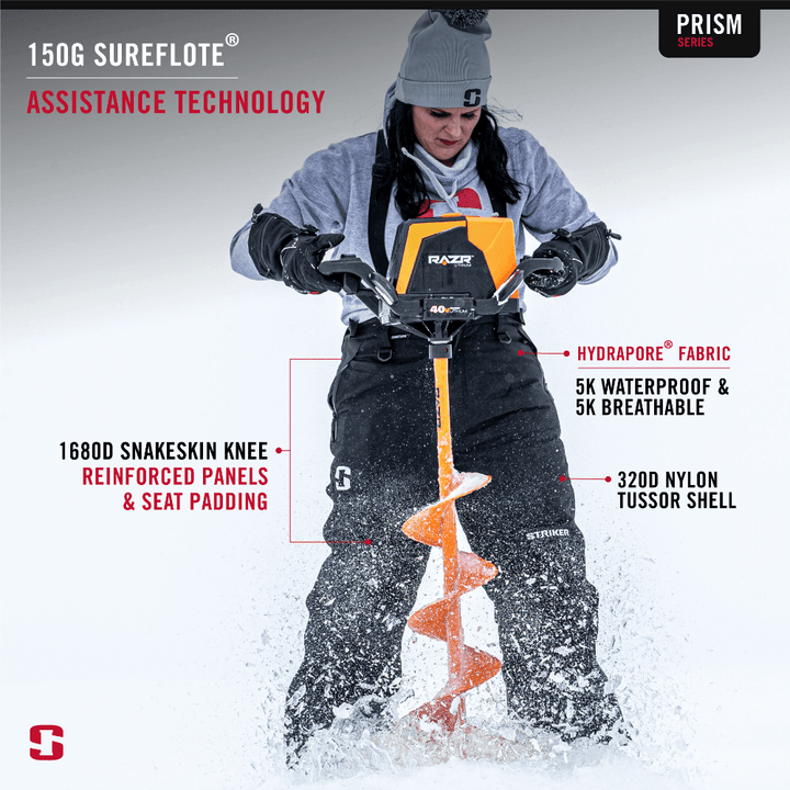 StrikerICE Women's Prism Pant Features Infographic with Lifestyle Image of Woman Ice Fishing